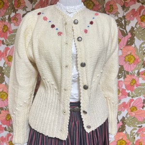 S M Austrian cardigan wool embroidered knitted folk jacket Austria Bavaria Tyrol Trachten embroidery Octoberfest fashion popcorn sweater