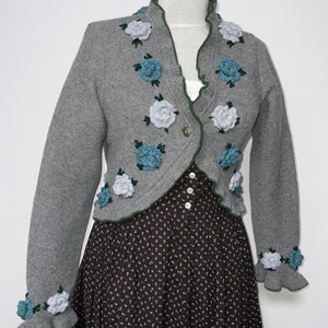 S M Austrian cardigan wool embroidered knitted folk jacket Austria Bavaria Tyrol Trachten embroidery Octoberfest fashion hand embroidery