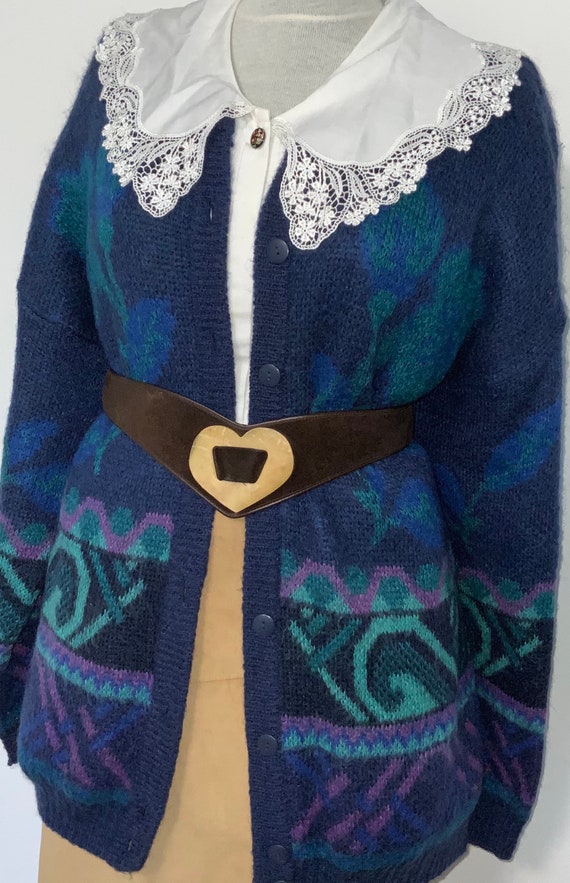 Blue vintage cardigan, novelty cardigan, 80 s cardigan, floral mohair knit cardigan, M L size cardigan, wool vintage cardigan, wool jumper
