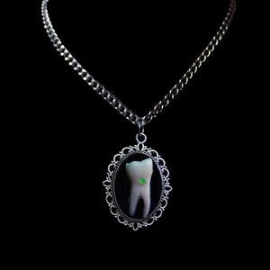 May include: A silver chain necklace with a pendant featuring a white tooth with a green gemstone in the center, set in a silver filigree frame.