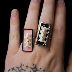 Puede incluir: Dos anillos de plata con engastes de resina negra y rosa. Cada anillo presenta un modelo anatómico de vértebra humana en resina blanca.