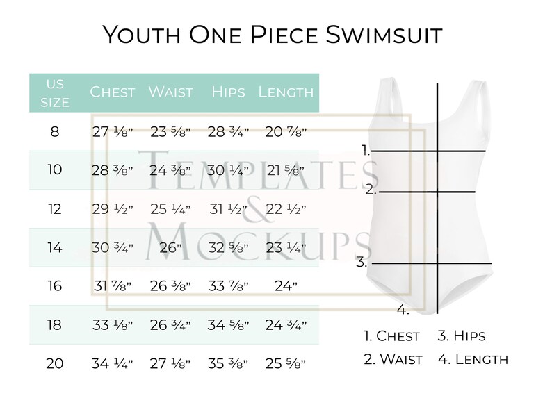 Instant Download Youth One Piece Swimsuit Size Chart in Multiple Color
