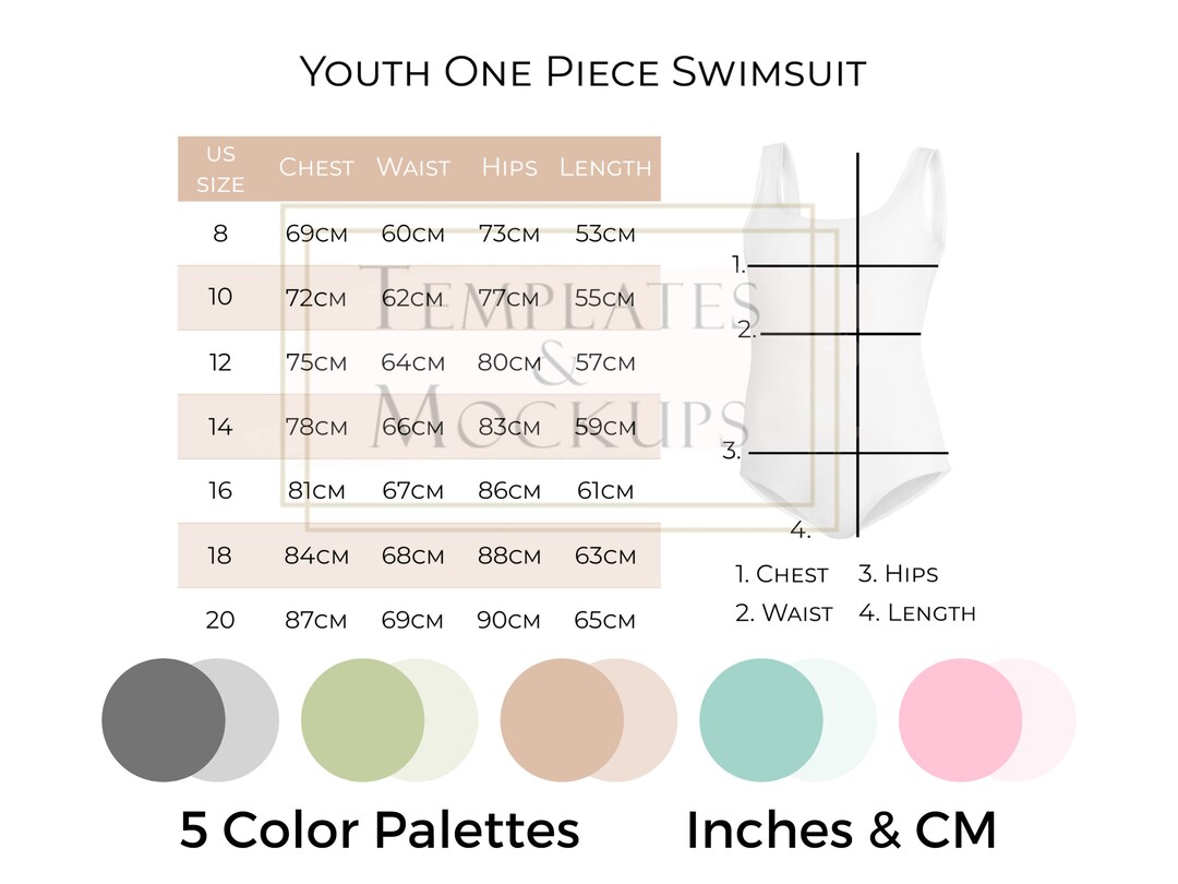 Instant Download Youth One Piece Swimsuit Size Chart in Multiple Color  Schemes, Printful Bathing Suit Size Charts, Inches and Centimeters