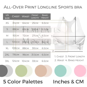 Instant Download Women&#39;s Longline Sports Bra Size Chart, Colorful Printful AOP Size Charts, Pretty Size Charts Inches and Centimeters