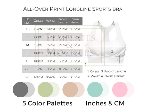 Instant Download Women's Longline Sports Bra Size Chart, Colorful Printful  AOP Size Charts, Pretty Size Charts Inches and Centimeters 