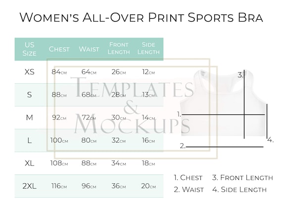 Instant Download Women's Sports Bra Size Chart, Printful AOP Size Charts,  Printable Size Charts Inches and Centimeters 