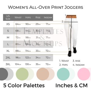 Puede incluir: Tabla de tallas para pantalones deportivos para mujer con medidas en pulgadas y centímetros. La tabla muestra las medidas de cintura, caderas, tiro y entrepierna para las tallas XS a 3XL. La tabla está acompañada de una ilustración blanca de una mujer con pantalones deportivos.