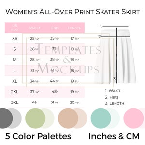 May include: A white skater skirt with a size chart and color palette options. The chart displays waist, hips, and length measurements in inches for various sizes, from XS to 3XL. The text reads "WOMEN'S ALL-OVER PRINT SKATER SKIRT."