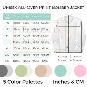 May include: White unisex bomber jacket with size chart in centimeters and inches. The chart includes chest, hips, length, and sleeve measurements. The image also shows five color palettes.
