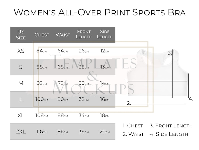 Instant Download Women's Sports Bra Size Chart, Printful AOP Size Charts, Printable Size Charts