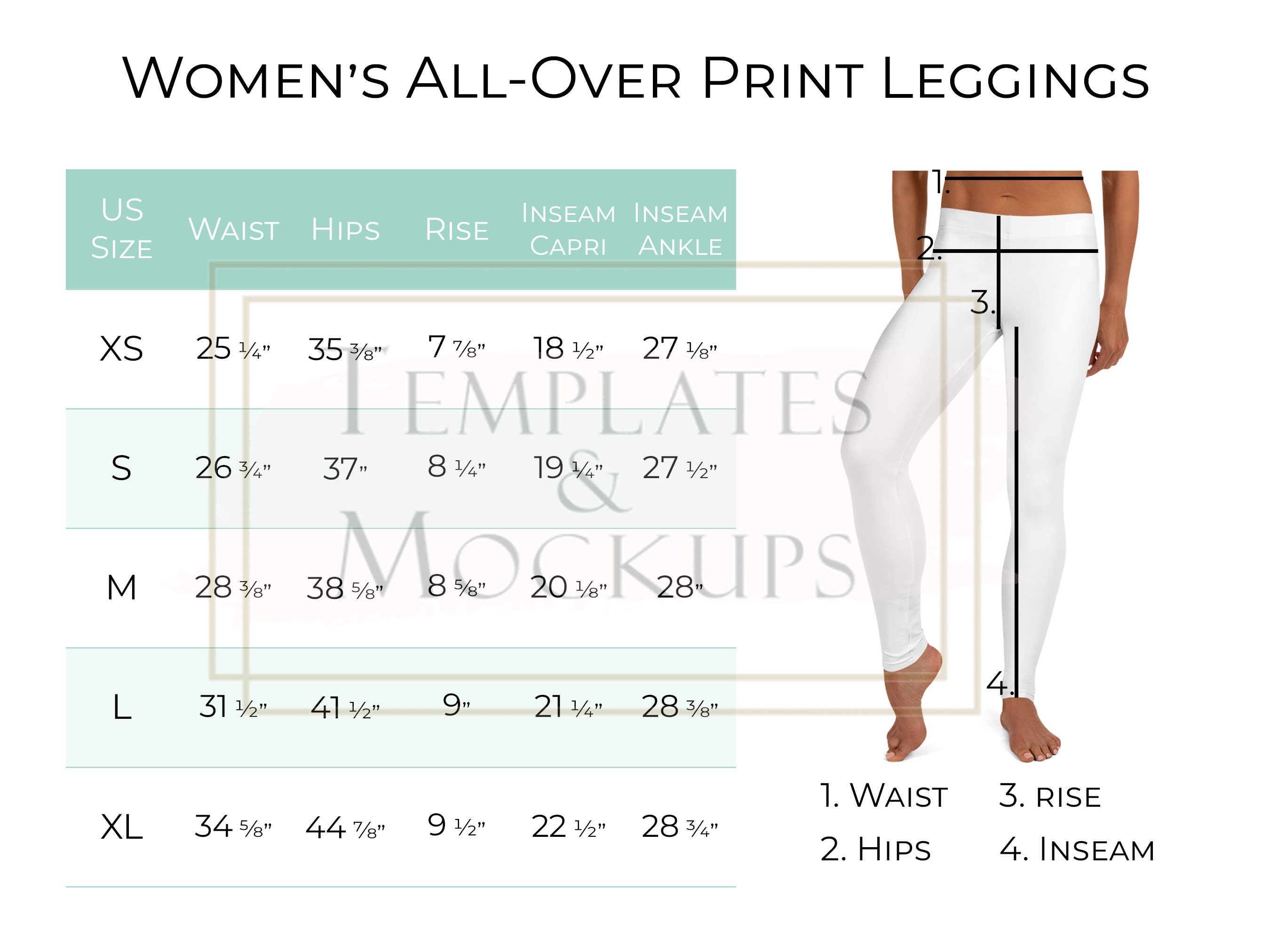 Instant Download Women's All-over Print Leggings Size Chart, Capri and Full  Professional Colorful Printful Alop POD Leggings Size Guide 