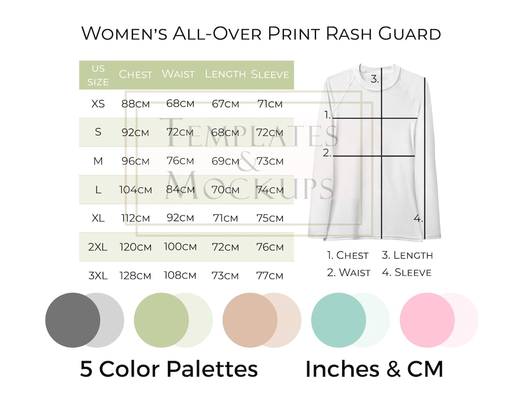 Instant Download Women's All Over Print Rash Guard Size Chart, Colorful ...