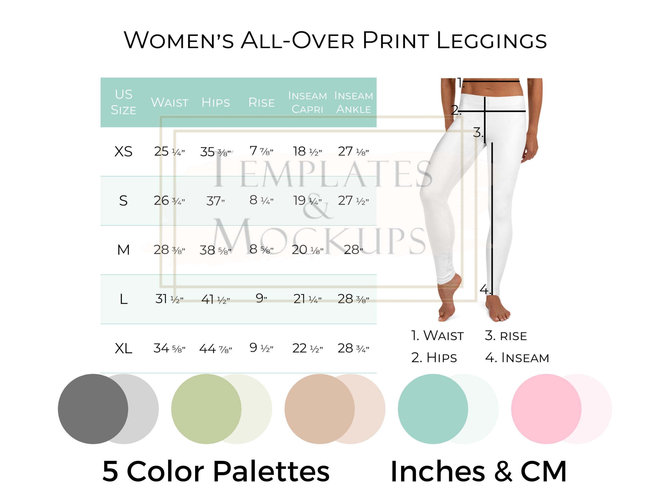 Leggings size chart | fits printify Women's Cut & Sew Casual Leggings |  print on demand pod shops 2020