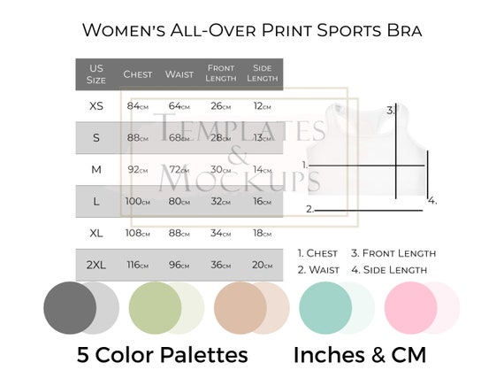 Instant Download Women's Sports Bra Size Chart, Printful AOP Size