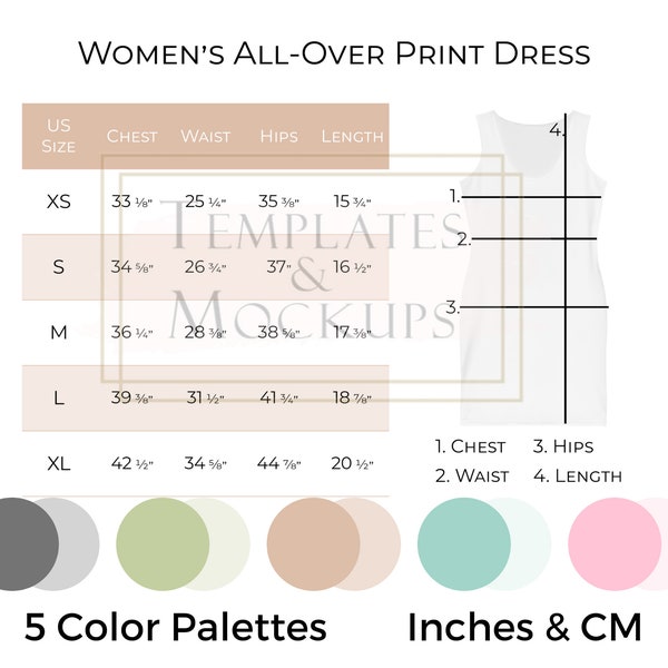 Instant Download Women's All-Over Print Dress Size Chart, Printful AOP Size Charts, Printable Size Charts Inches and Centimeters