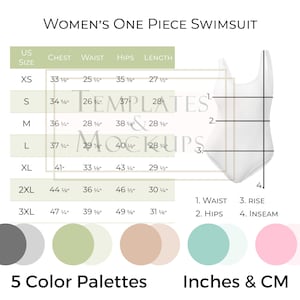 Puede incluir: Una tabla de tallas para un traje de baño de una pieza con medidas en pulgadas. La tabla incluye tallas XS a 3XL y medidas para el pecho, la cintura, las caderas y la longitud. La tabla está acompañada de una ilustración blanca de un traje de baño de una pieza y cinco paletas de colores.