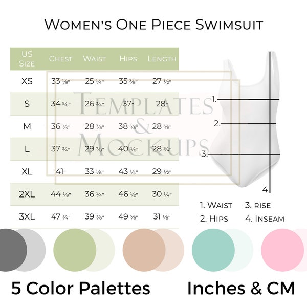 Instant Download Women's One Piece Swimsuit Size Chart, Colroful Printful AOP Size Charts, Pretty Size Charts Inches and Centimeters