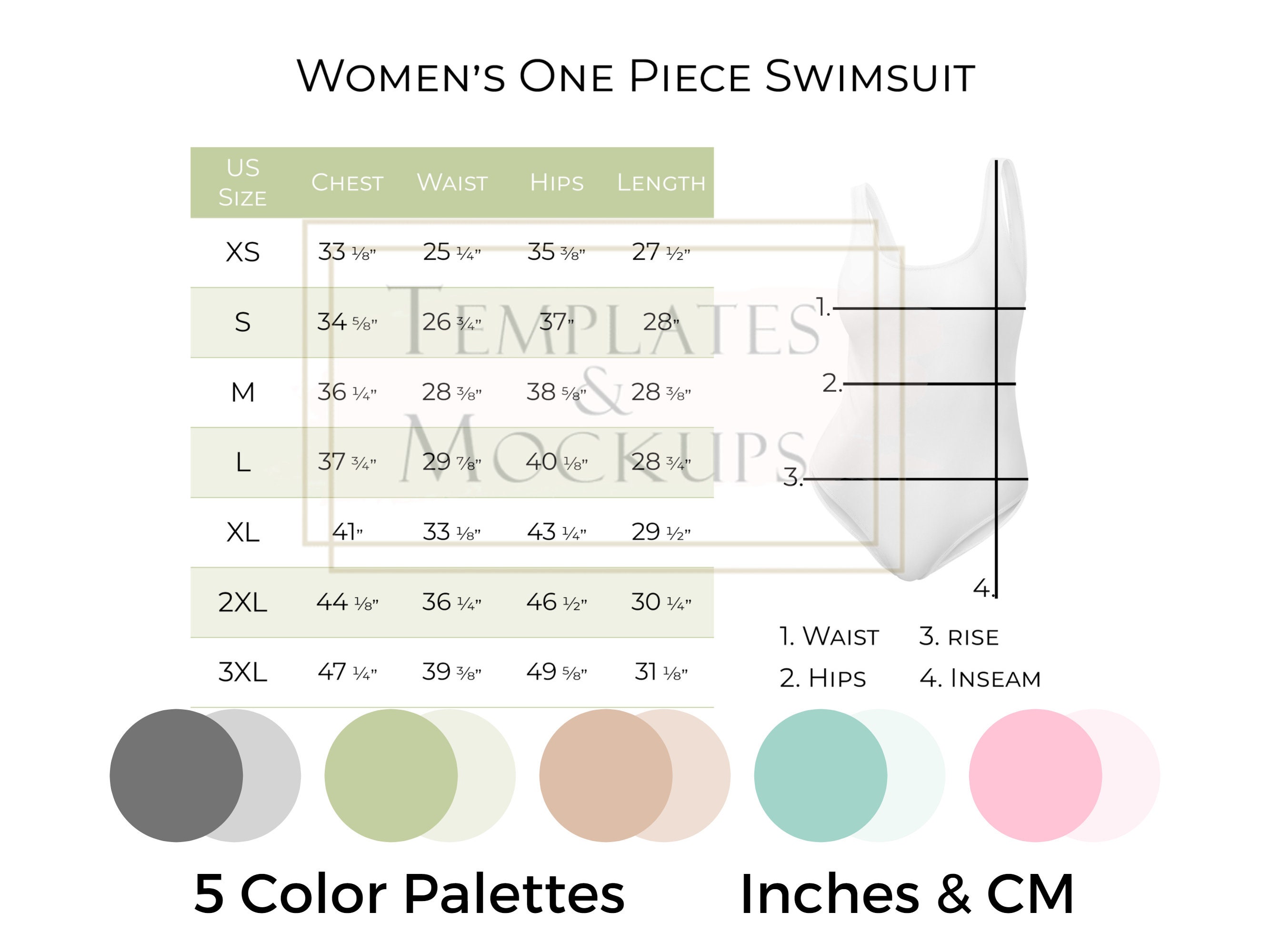 Instant Download Women's One Piece Swimsuit Size Chart, Colroful