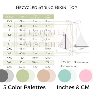 Descarga instantánea de tabla de tallas de traje de baño superior de bikini de hilo reciclado para mujer, tablas de tallas AOP impresas, tabla de tallas imprimible en pulgadas centímetros