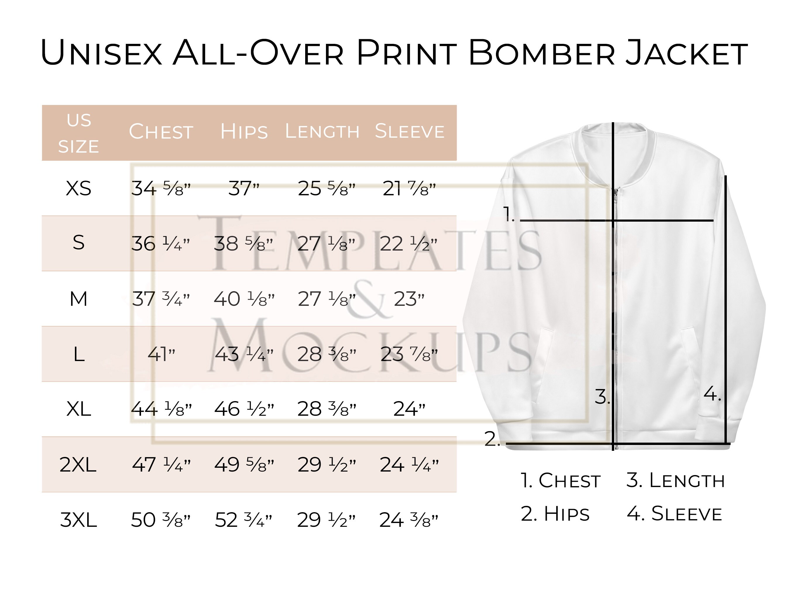 Instant Download Unisex All-over Print Bomber Jacket Size Chart