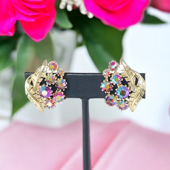 Vintage Coro Raspberry AB Rhinestones & Gold Tone… - image 2