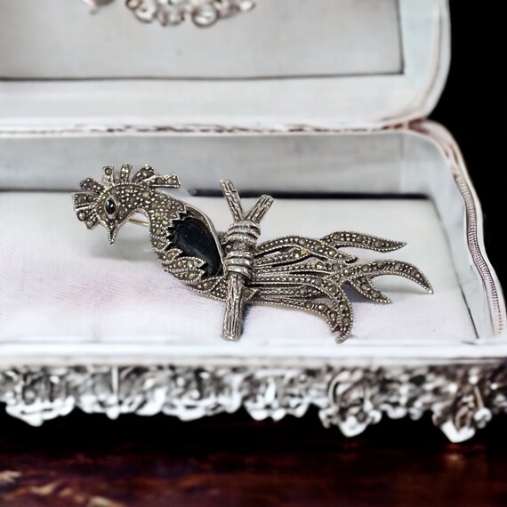 Vintage Marcasite & Jet Sterling Silver Bird of P… - image 2