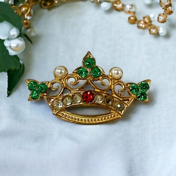 Vintage Coro Emerald Rhinestones and Faux Pearls … - image 3