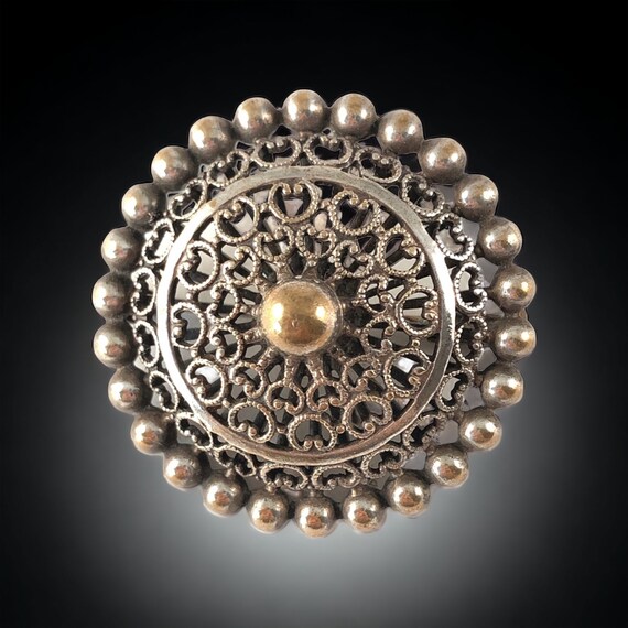 Vintage French Silver Plated Filigree Round Brooch - image 2