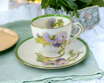 May include: A white teacup and saucer with a green rim and a floral design of purple thistles. The cup and saucer are on a light green napkin.