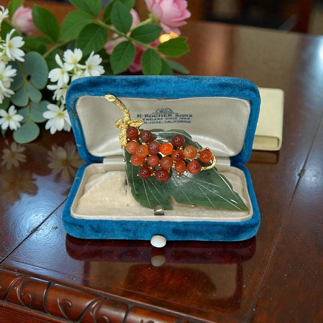 Vintage Swoboda Jade Leaf And Carnelian Berries Brooch — Signed 1960s 