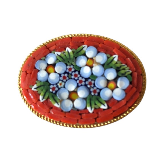 Vintage Italian Micromosaic Orange Floral Oval Br… - image 8