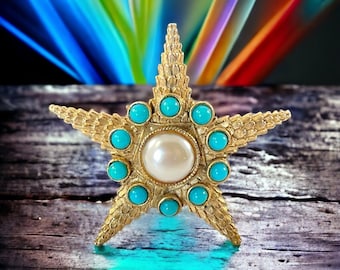 Vintage Starfish Faux Pearl & Turquoise Textured Gold Tone Brooch