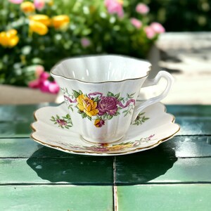 Vintage Crown Bone China Pink and Yellow Roses Scalloped Tea Cup and Saucer Set - Mid 20th Century - English Bone China