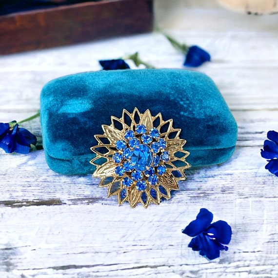 Vintage Sparkling Blue Rhinestones Filigree Flora… - image 3