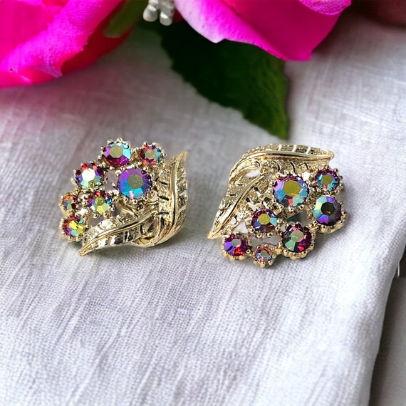 Vintage Coro Raspberry AB Rhinestones & Gold Tone… - image 1