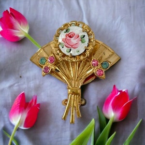 Vintage Guilloche Enamel Gold Plated Floral Small Fan Brooch | Jewelry Lover Gift