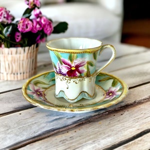 Vintage Ornate Purple Lilies & Gold Accents Espresso Demitasse Cup and Saucer Set | Decorative Coffee Lover Gift | Floral Coffee China Set