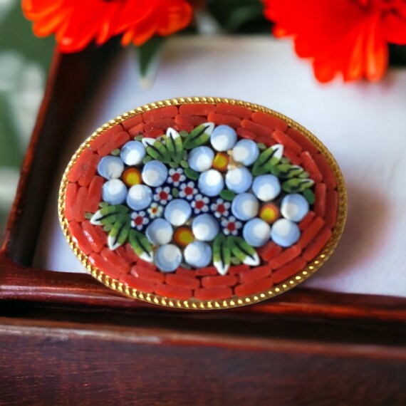 Vintage Italian Micromosaic Orange Floral Oval Br… - image 6