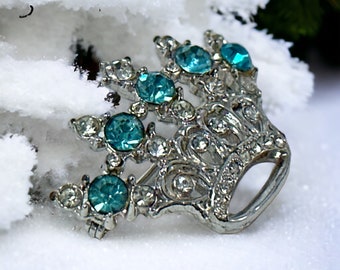 Vintage Aqua Blue & Clear Rhinestones Small Crown Brooch