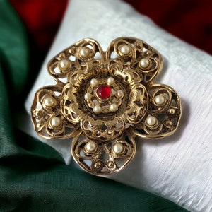 Vintage Red Glass Cabochon & Faux Pearl Brass Filigree Floral Brooch - Timeless Elegance