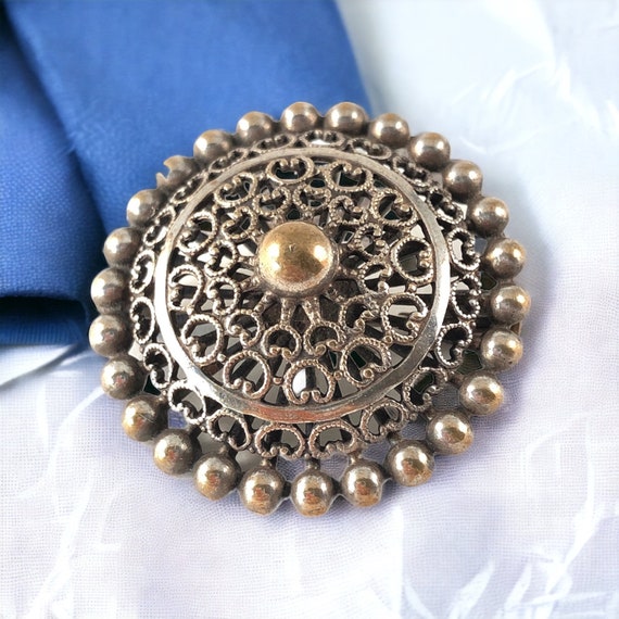 Vintage French Silver Plated Filigree Round Brooch - image 3