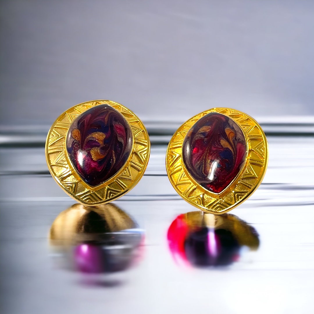 Vintage Edgar Berebi Oval Red Swirl Gold Tone Clip-on Earrings - Etsy