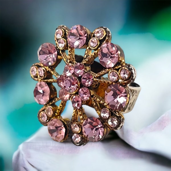 Vintage French Pink Rhinestones Gold Tone Floral Ring