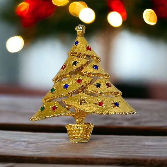 Vintage Gold Tone Christmas Tree Brooch 1980s, Mu… - image 4