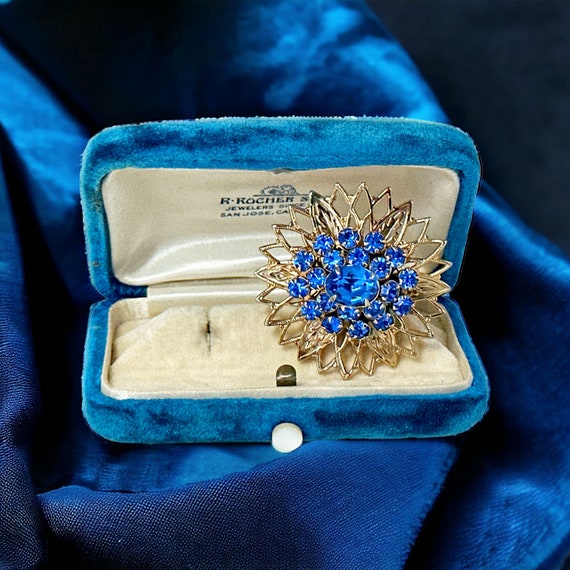 Vintage Sparkling Blue Rhinestones Filigree Flora… - image 5