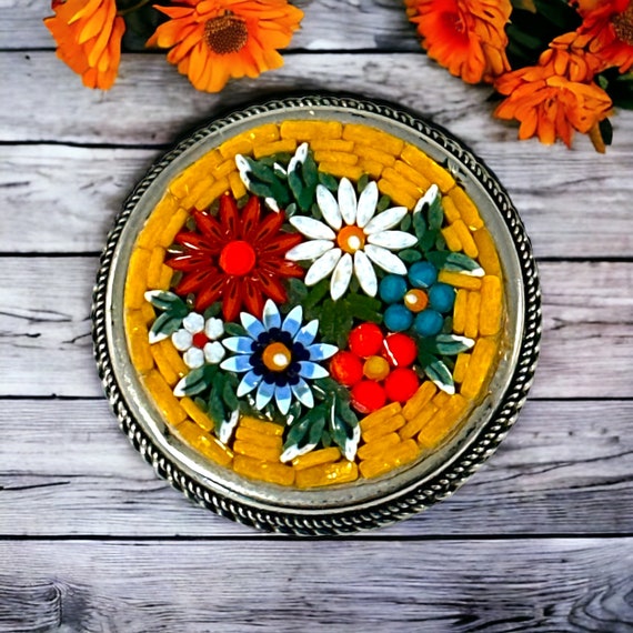 Vintage Italian Micromosaic Yellow Floral Round B… - image 3