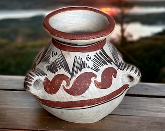 Vintage Mexican Clay Vase: Hand-Painted Tribal Decor, 3-Handled Pottery