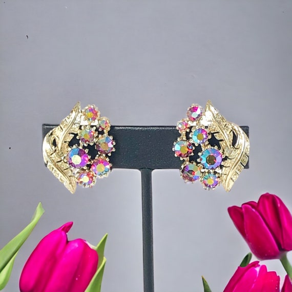 Vintage Coro Raspberry AB Rhinestones & Gold Tone… - image 4