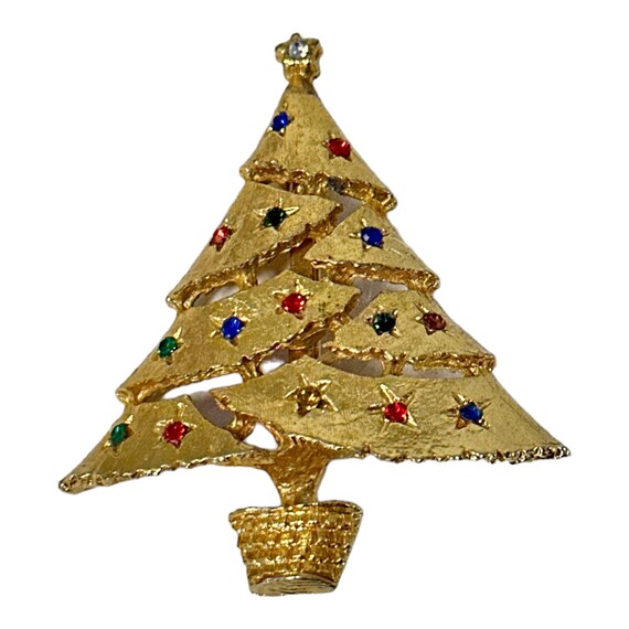 Vintage Gold Tone Christmas Tree Brooch 1980s, Mu… - image 9