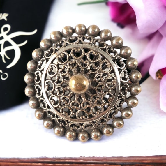 Vintage French Silver Plated Filigree Round Brooch - image 5